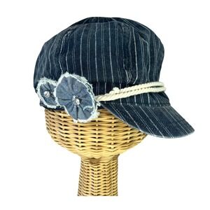 Juicy Couture Y2K Navy Pinstripe Newsboy Baker Boy Hat Denim Train Rope Detail